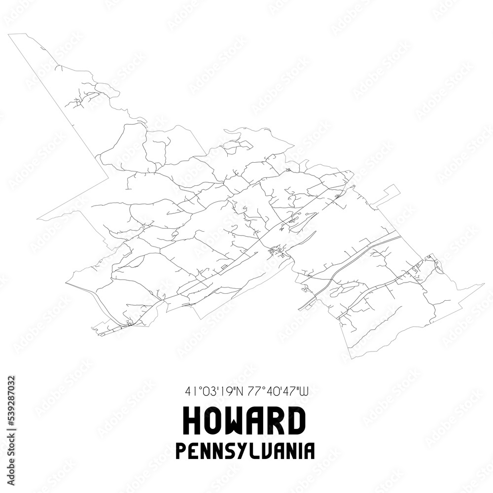 Howard Pennsylvania. US street map with black and white lines.
