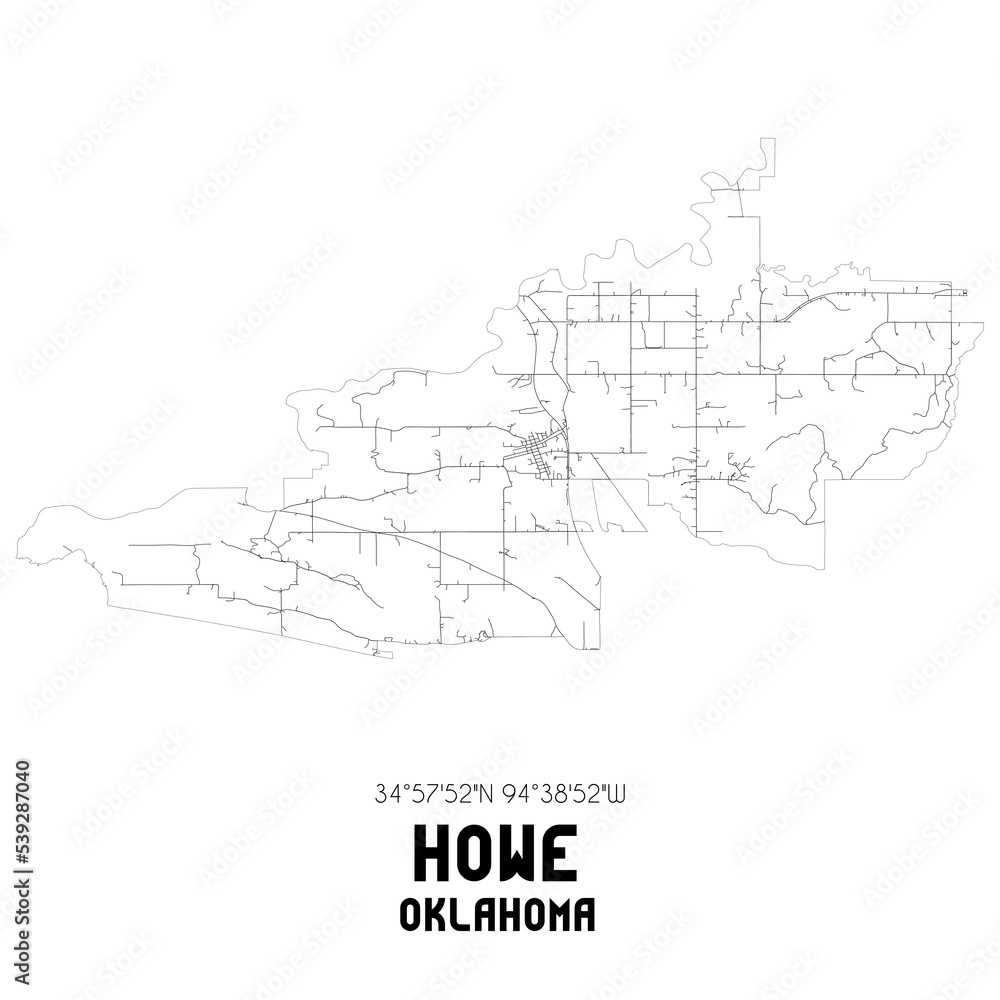 Howe Oklahoma. US street map with black and white lines.