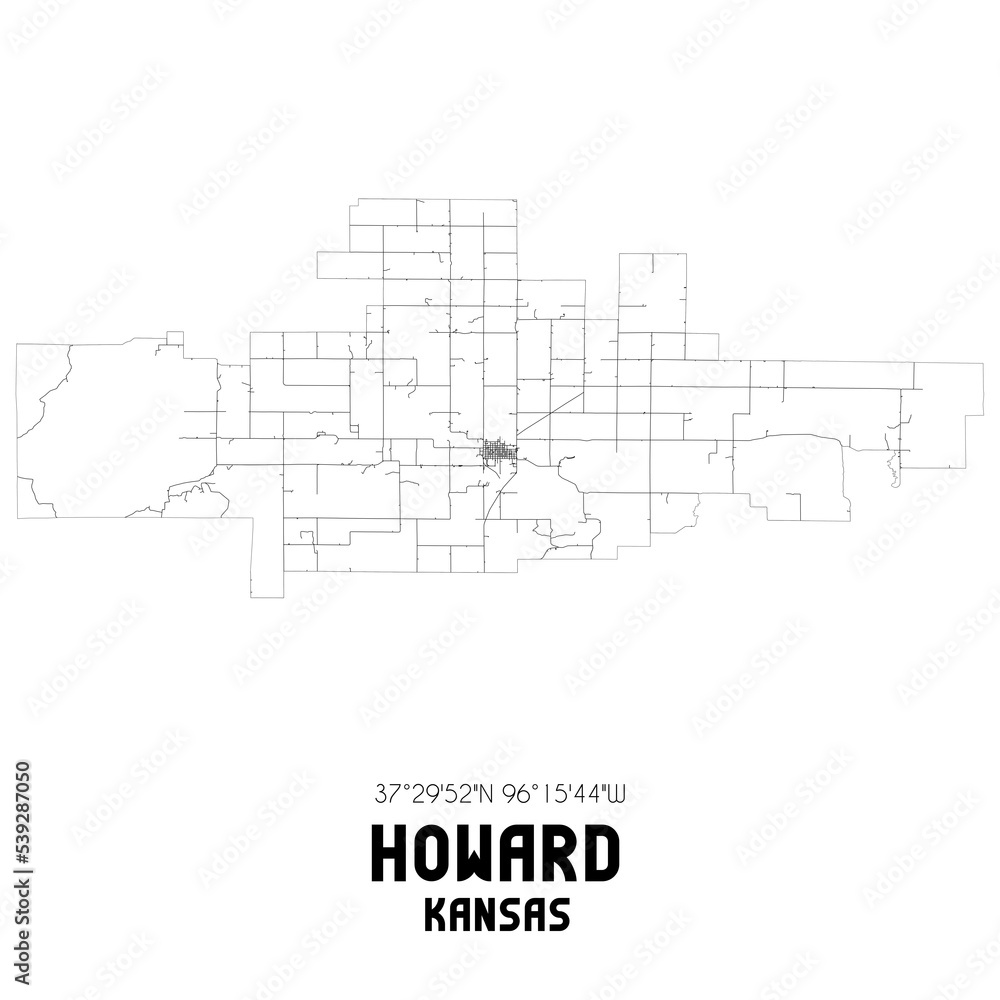 Howard Kansas. US street map with black and white lines.