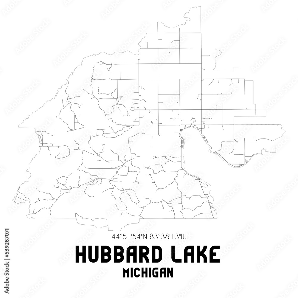 Hubbard Lake Michigan. US street map with black and white lines.