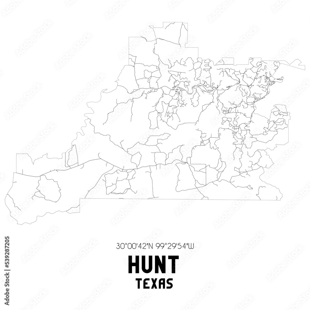 Hunt Texas. US street map with black and white lines.