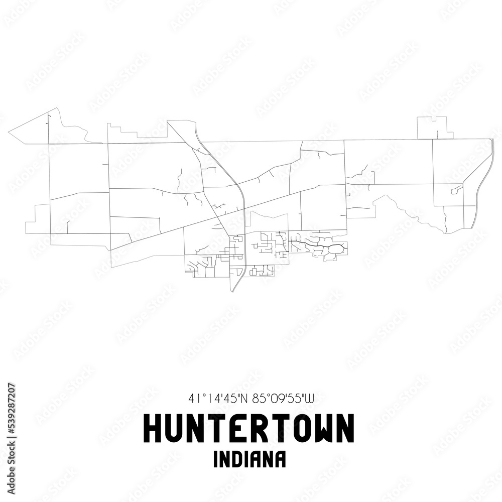 Huntertown Indiana. US street map with black and white lines.