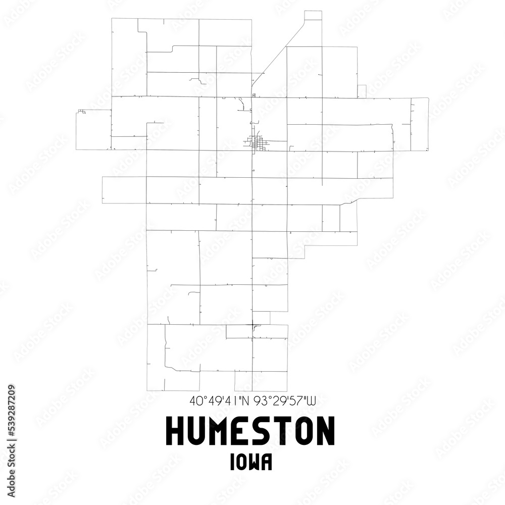 Humeston Iowa. US street map with black and white lines.