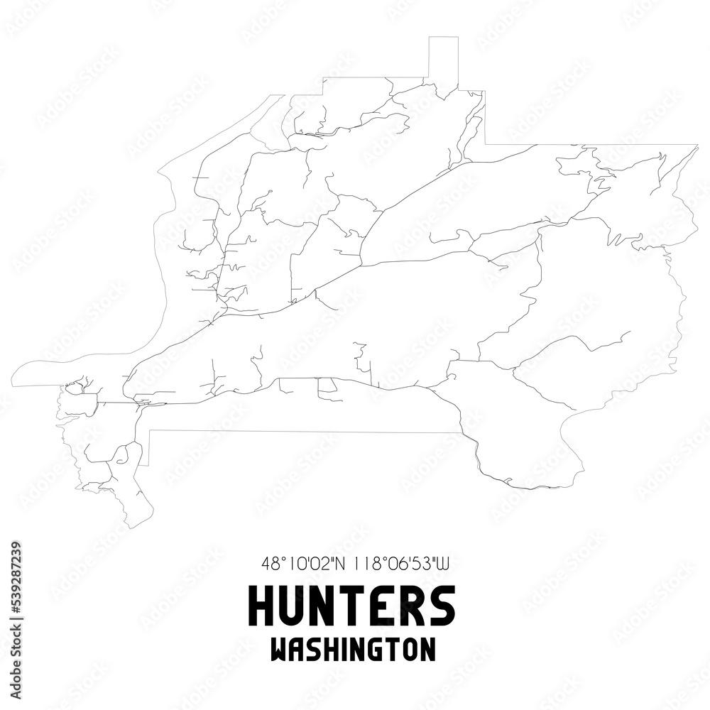Hunters Washington. US street map with black and white lines.