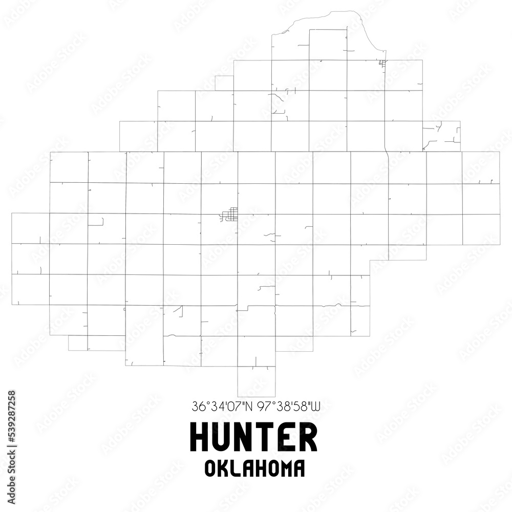 Hunter Oklahoma. US street map with black and white lines. Hunter Oklahoma. US street map with black and white lines.
