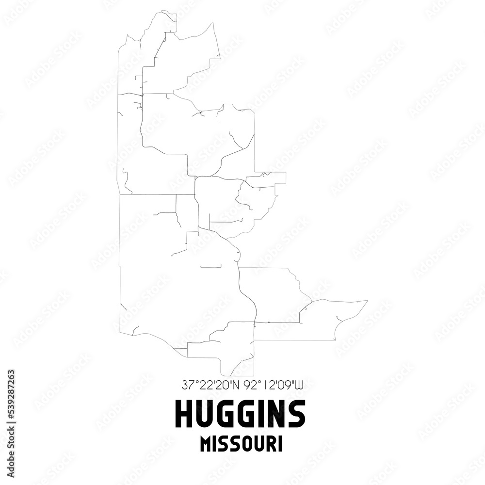 Huggins Missouri. US street map with black and white lines.