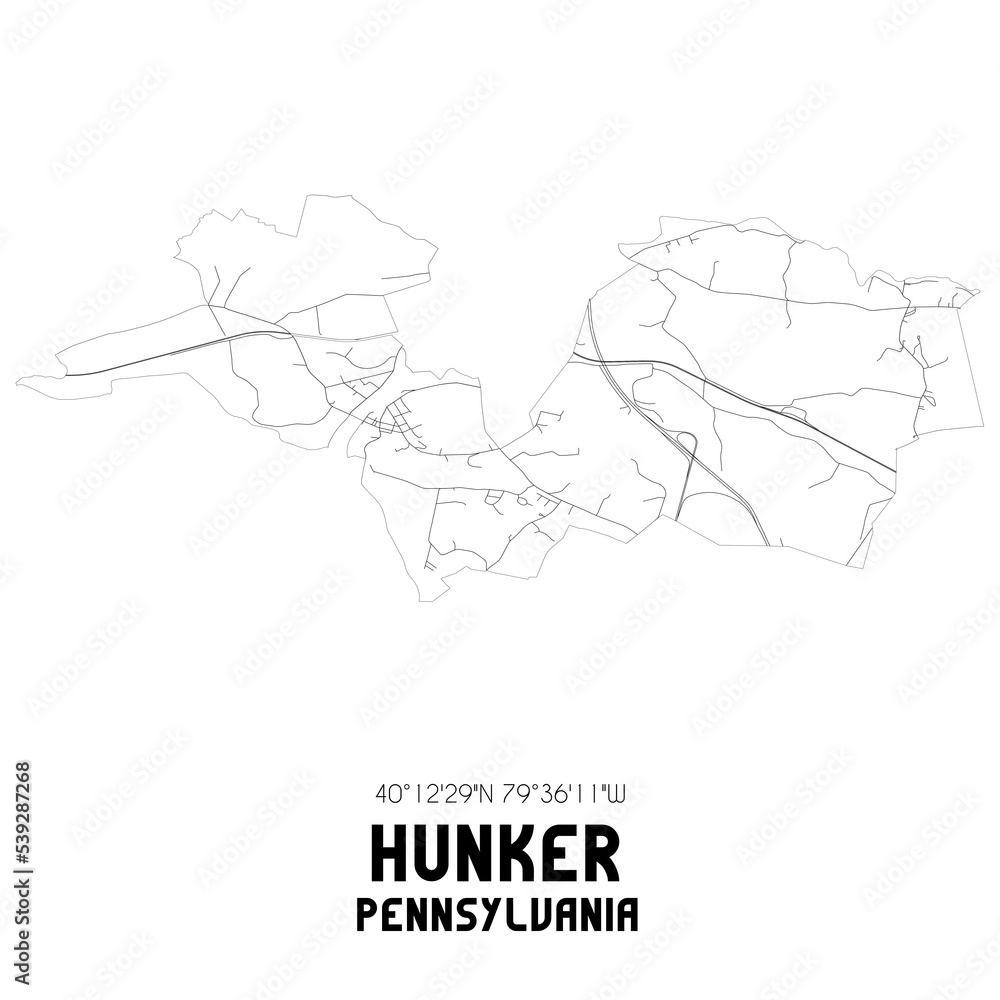 Hunker Pennsylvania. US street map with black and white lines.