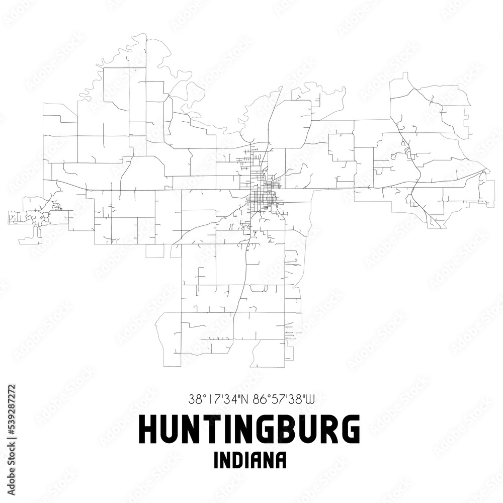 Huntingburg Indiana. US street map with black and white lines.