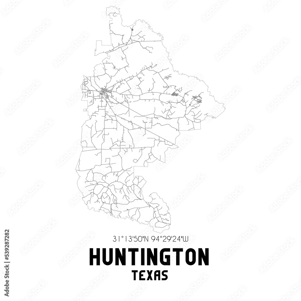 Huntington Texas. US street map with black and white lines.