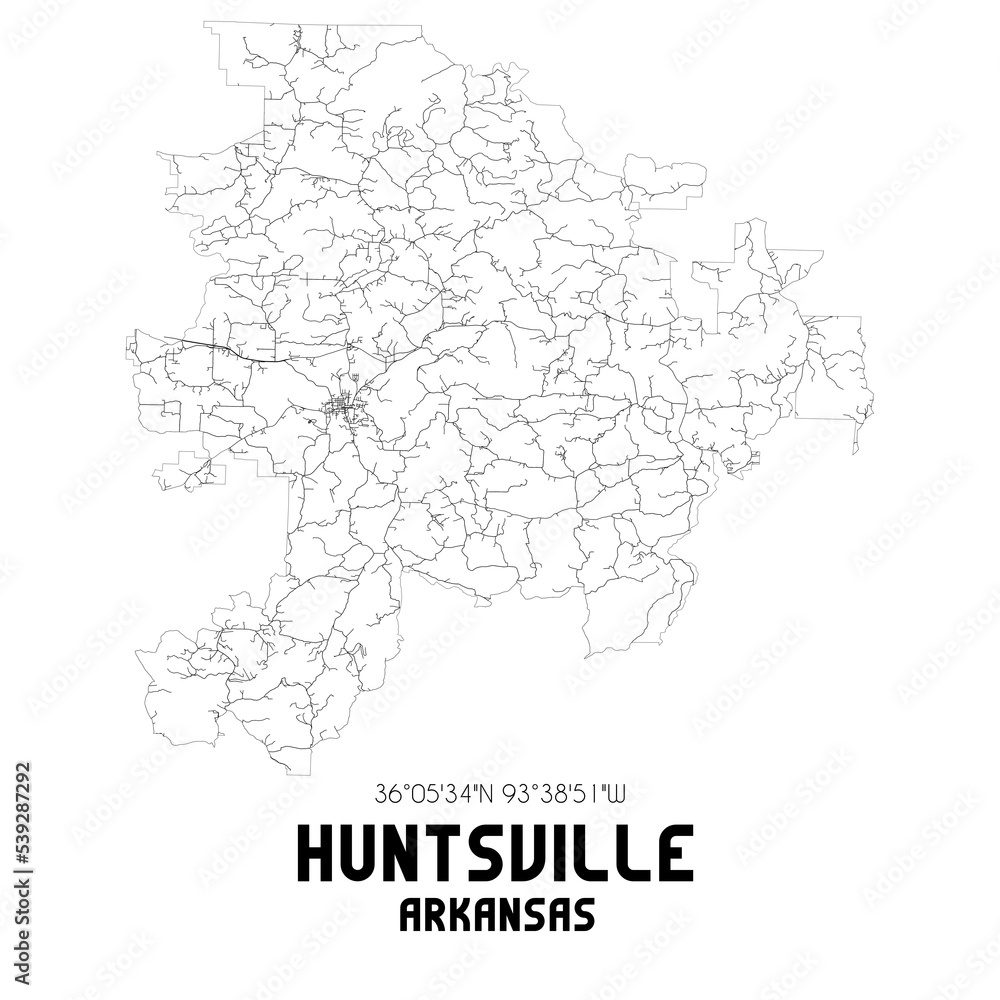 Huntsville Arkansas. US street map with black and white lines.