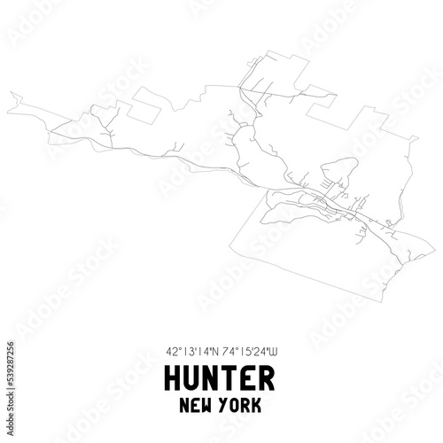 Hunter New York. US street map with black and white lines.