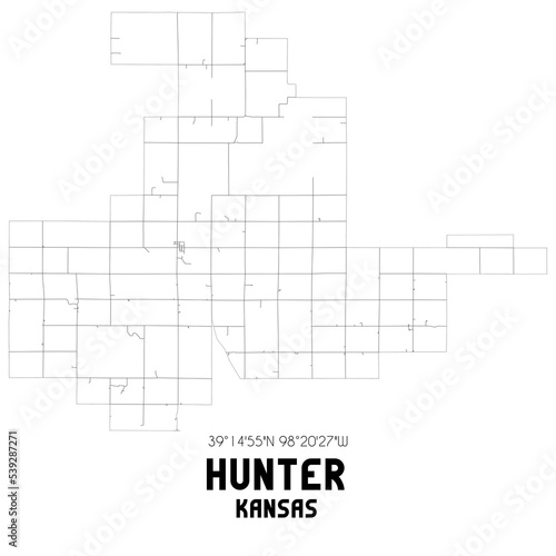 Hunter Kansas. US street map with black and white lines.