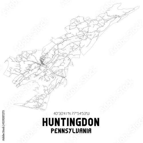Huntingdon Pennsylvania. US street map with black and white lines.