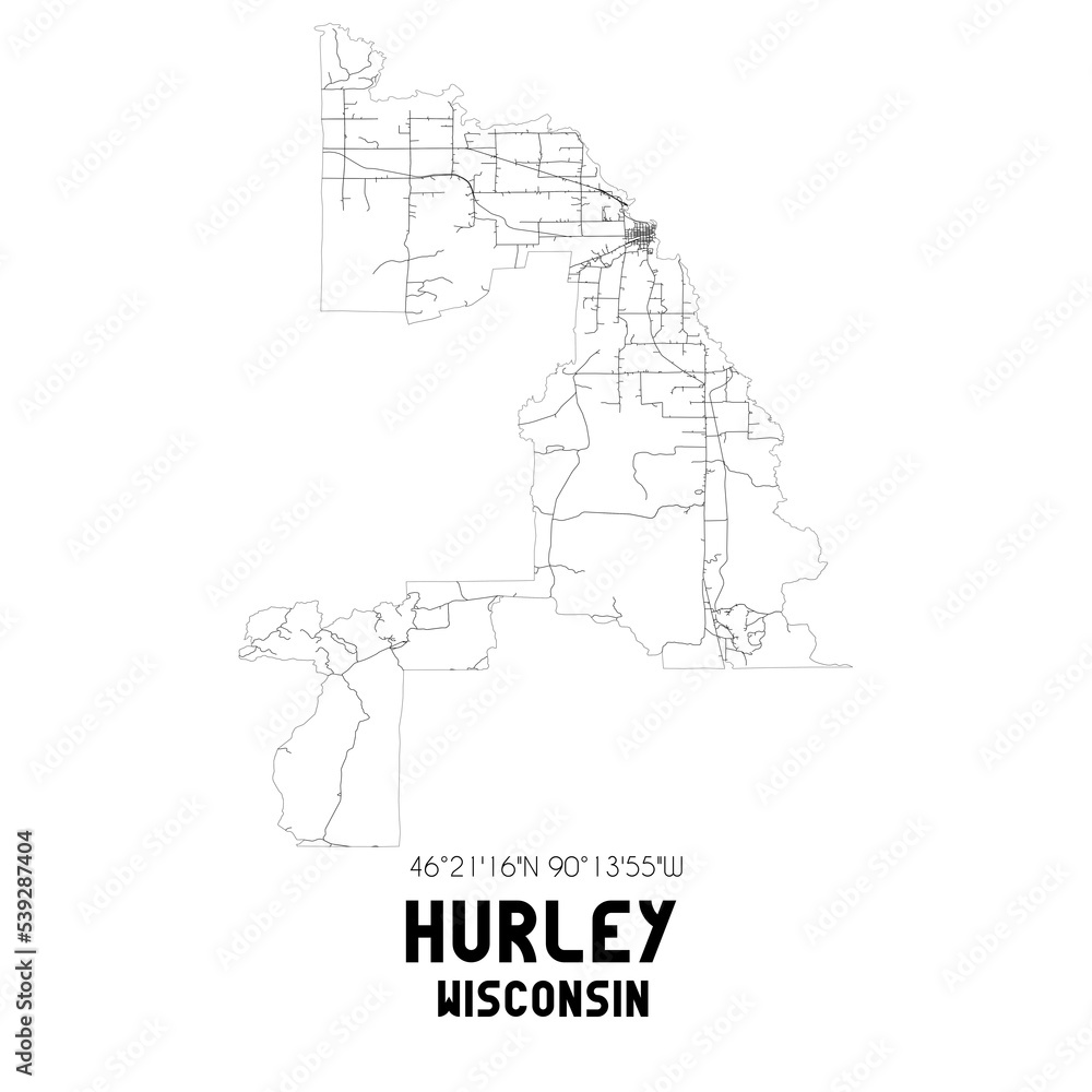 Hurley Wisconsin. US street map with black and white lines.