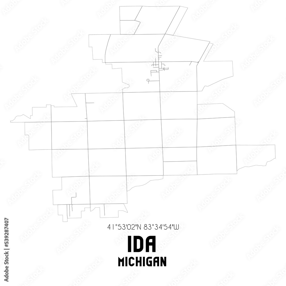 Ida Michigan. US street map with black and white lines. Ida Michigan. US street map with black and white lines.