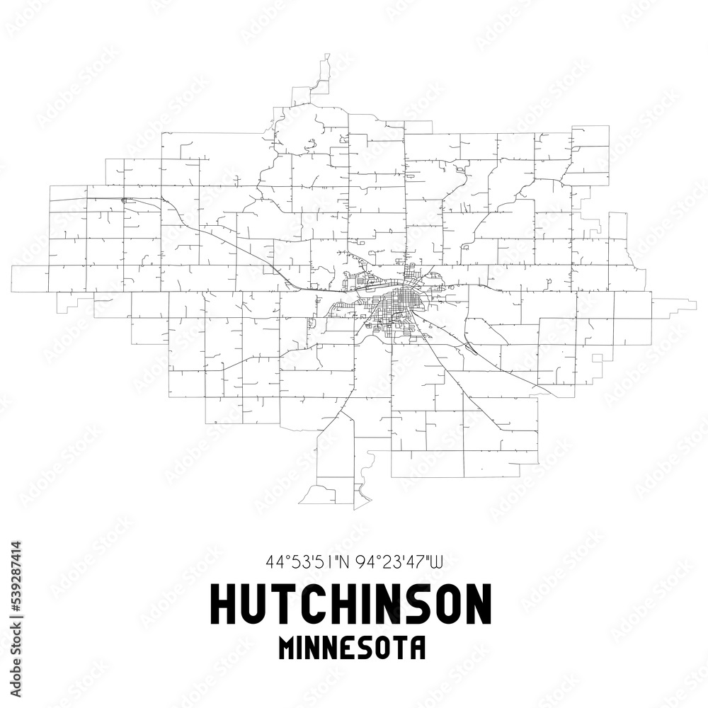 Hutchinson Minnesota. US street map with black and white lines.