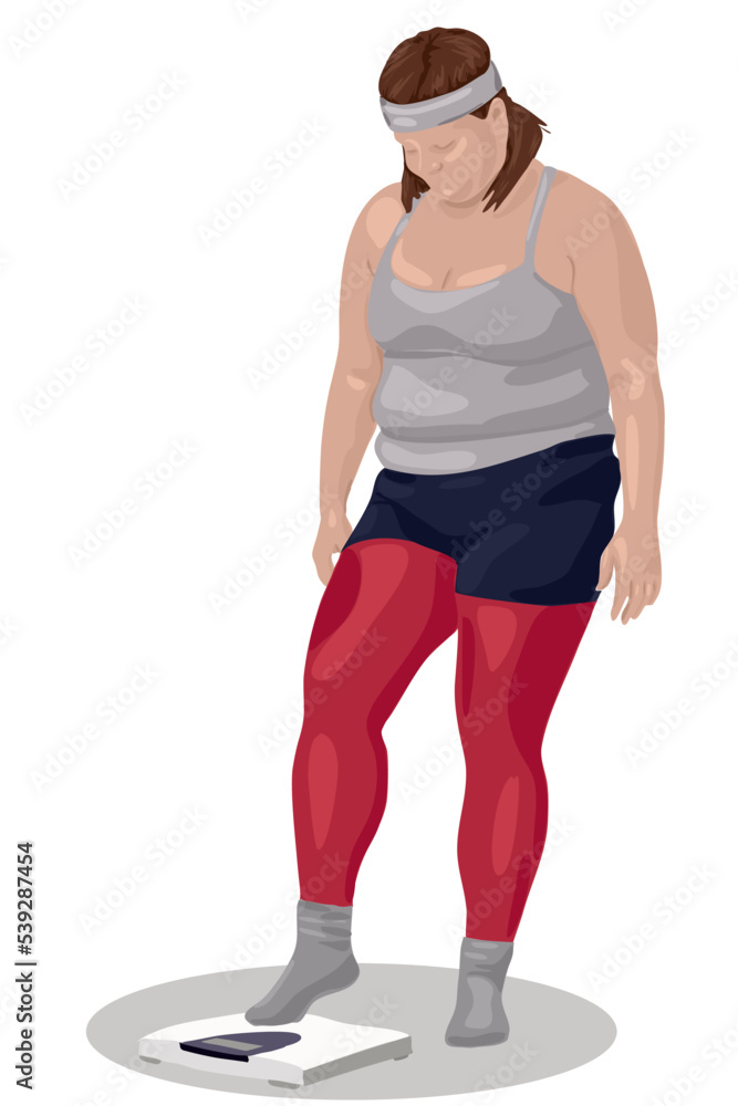 Overweight women after a workout gets on the scales. Overweight women after a workout gets on the scales.