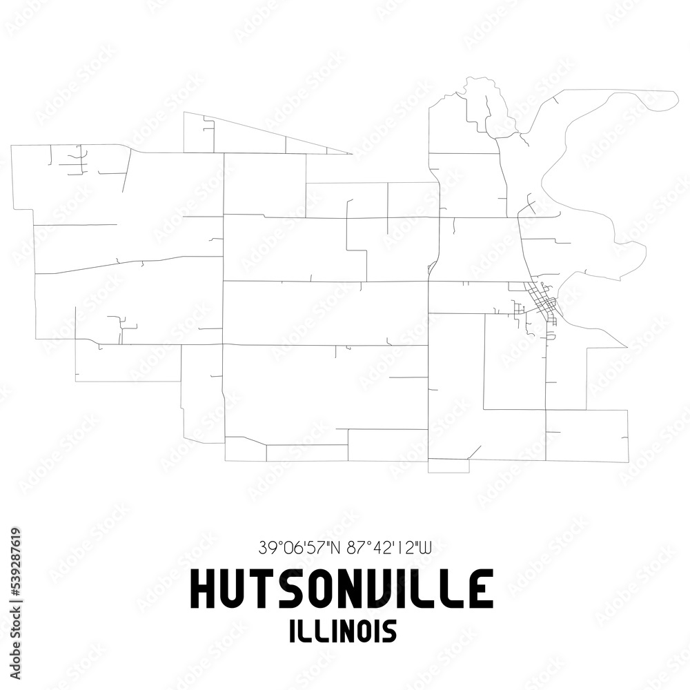 Hutsonville Illinois. US street map with black and white lines.