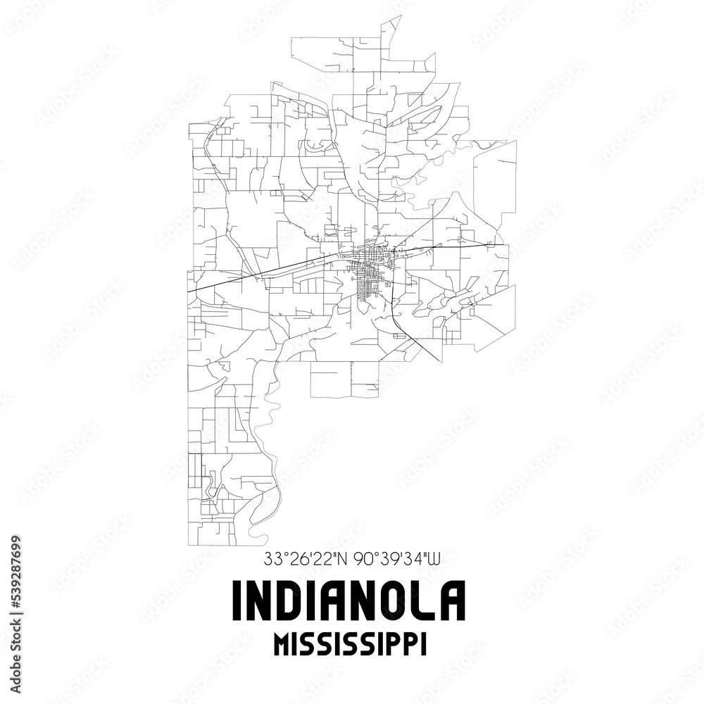 Indianola Mississippi. US street map with black and white lines.
