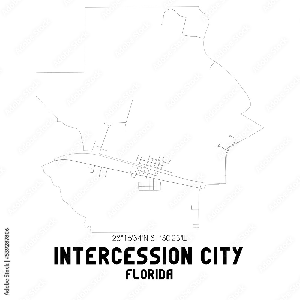 Intercession City Florida. US street map with black and white lines.