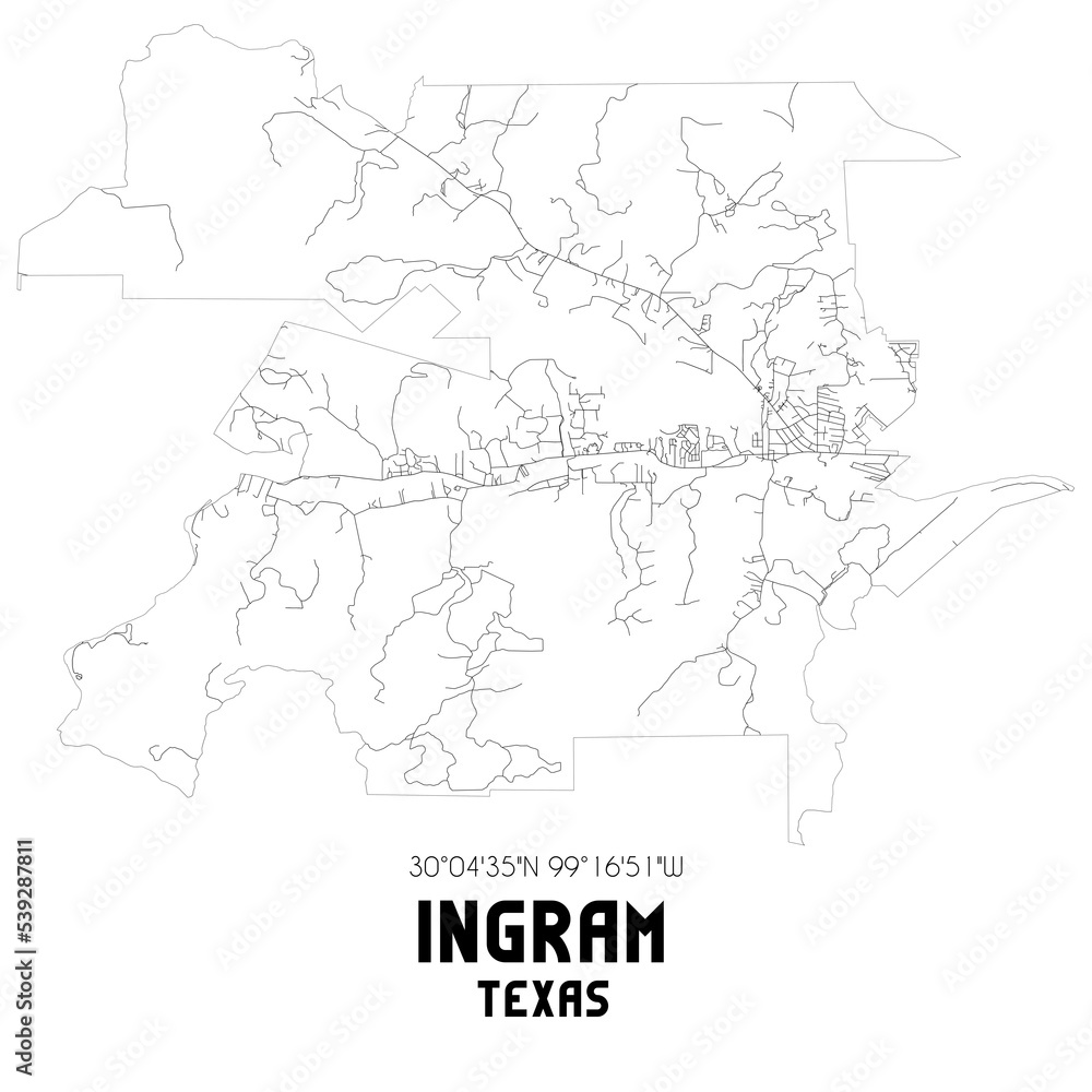 Ingram Texas. US street map with black and white lines.