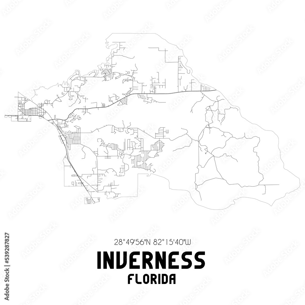 Inverness Florida. US street map with black and white lines.