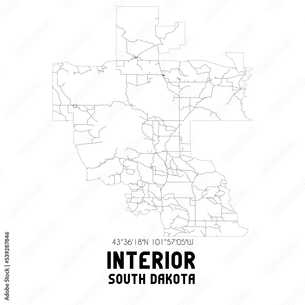 Interior South Dakota. US street map with black and white lines.