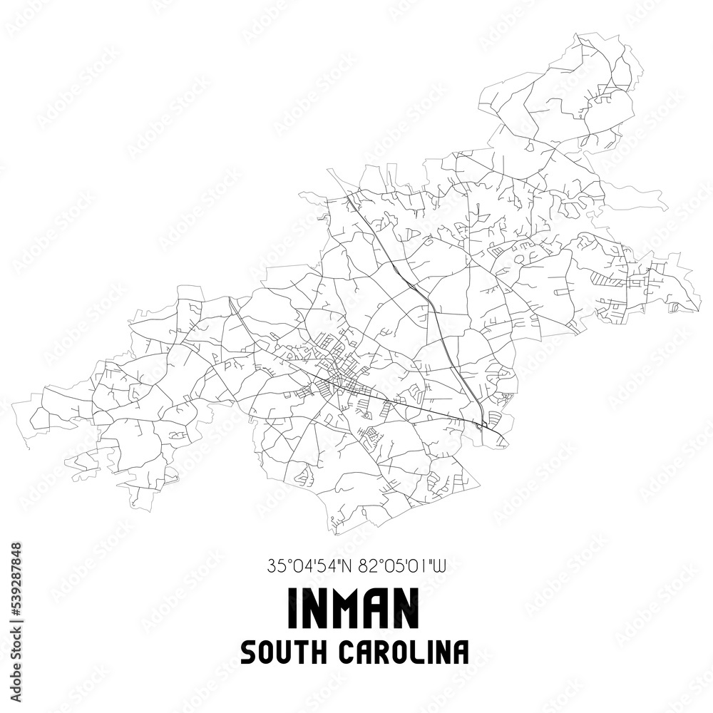 Inman South Carolina. US street map with black and white lines.
