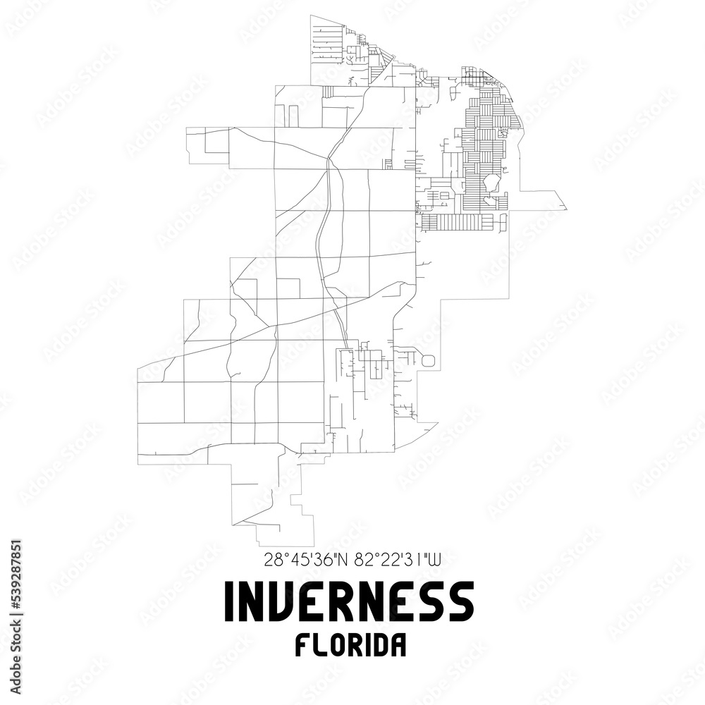 Inverness Florida. US street map with black and white lines.