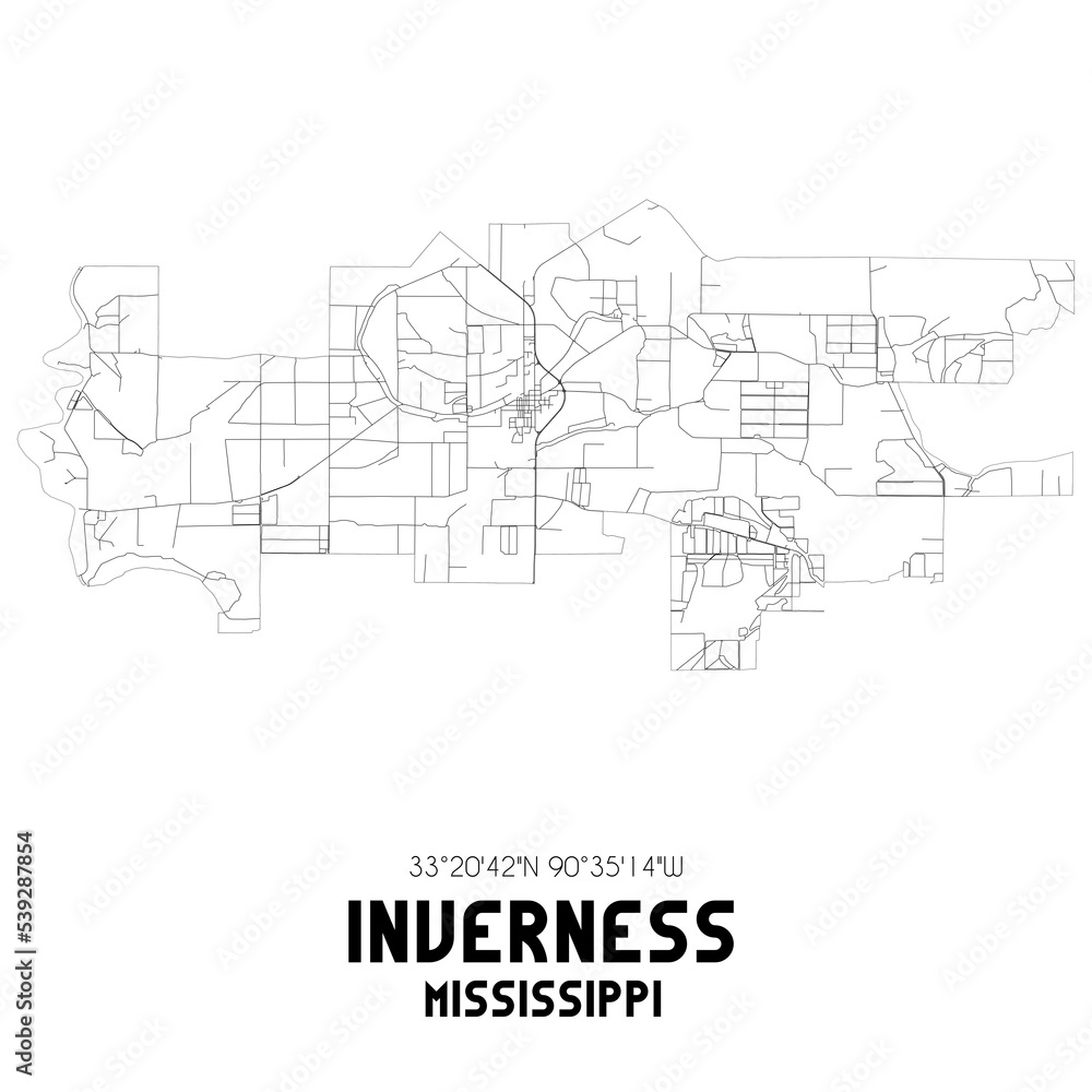 Inverness Mississippi. US street map with black and white lines.