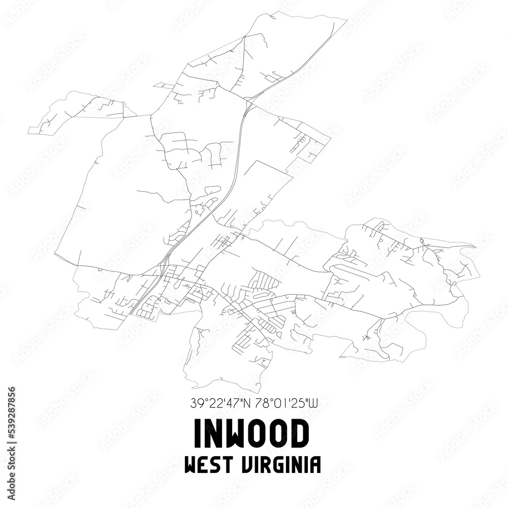 Inwood West Virginia. US street map with black and white lines.