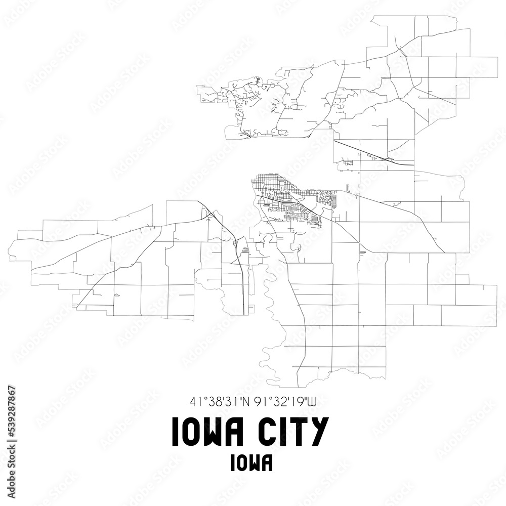 Iowa City Iowa. US street map with black and white lines.