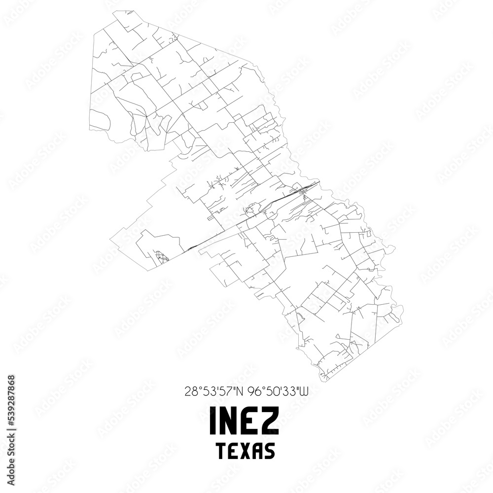 Inez Texas. US street map with black and white lines.