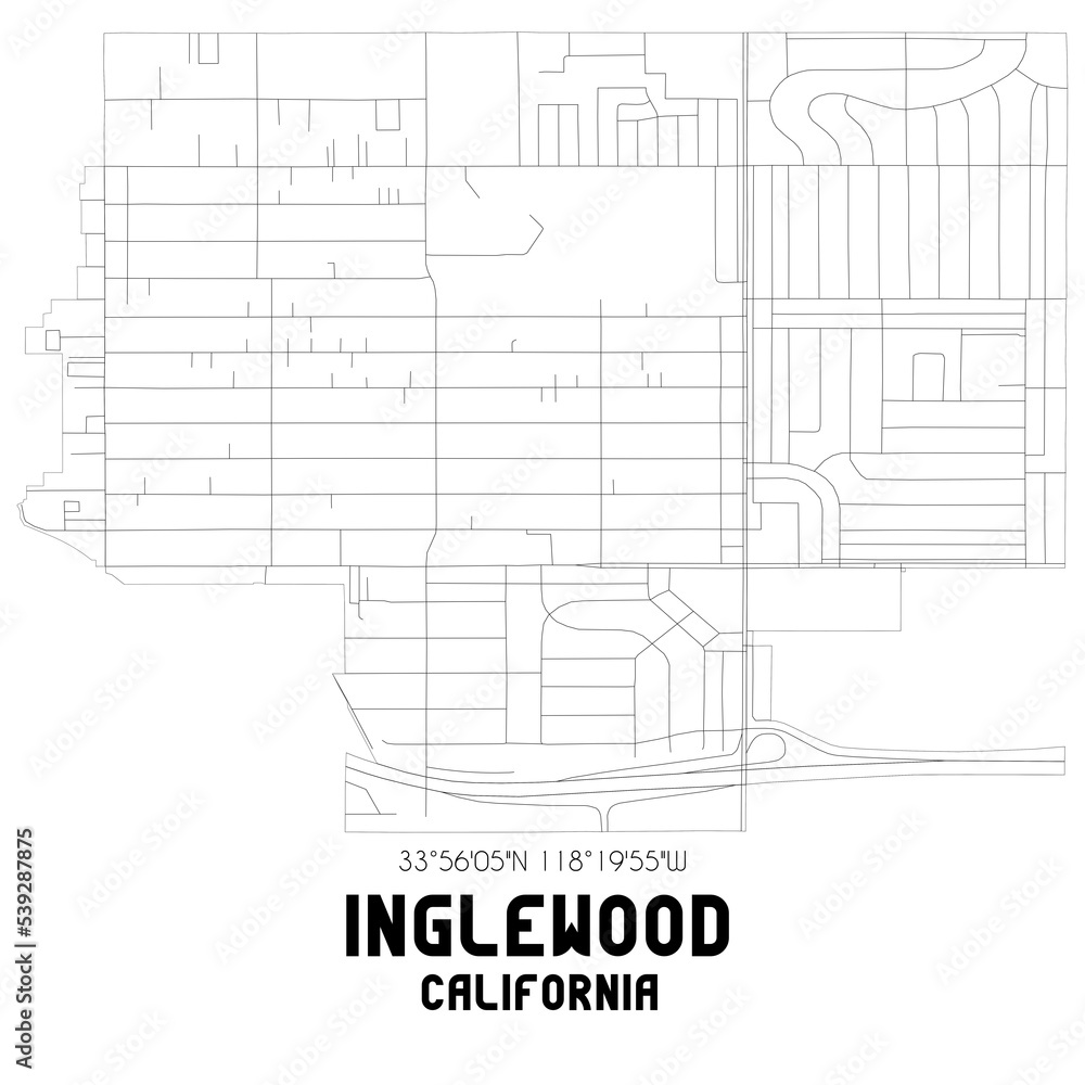 Inglewood California. US street map with black and white lines.