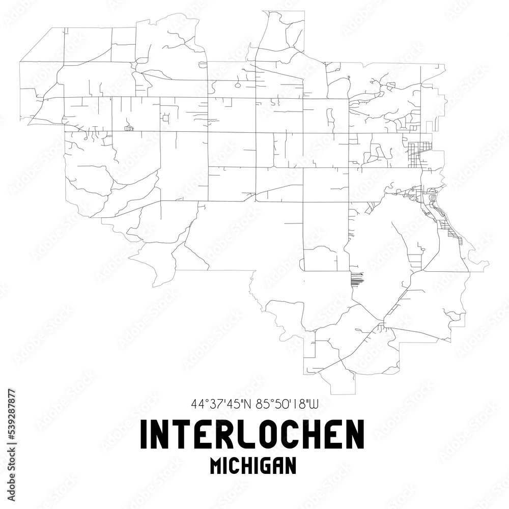 Interlochen Michigan. US street map with black and white lines.