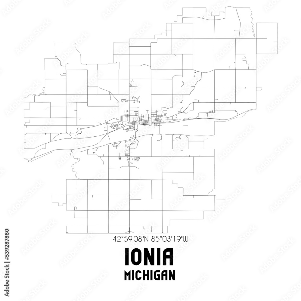 Ionia Michigan. US street map with black and white lines.