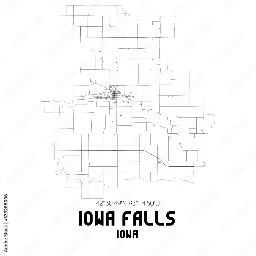Iowa Falls Iowa. US street map with black and white lines.