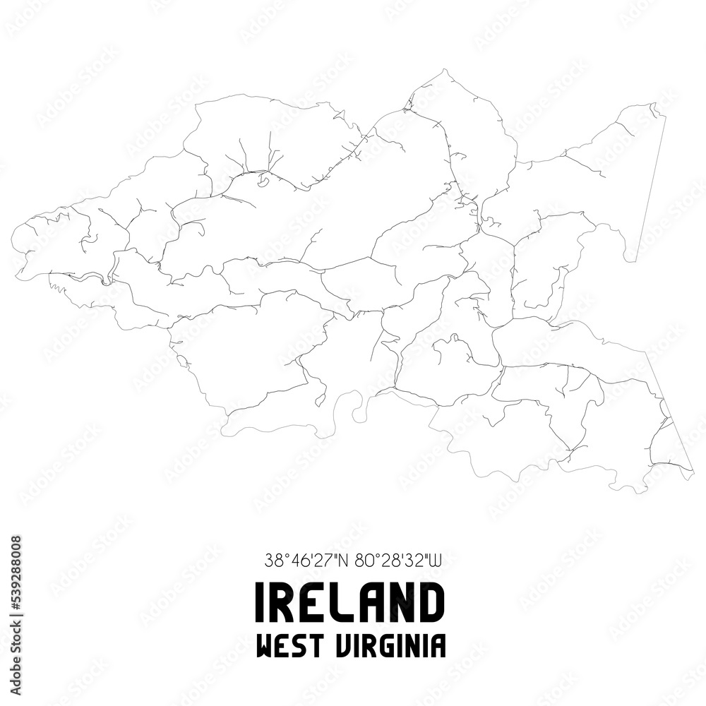 Ireland West Virginia. US street map with black and white lines.