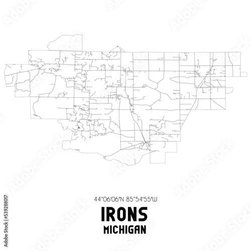 Irons Michigan. US street map with black and white lines.