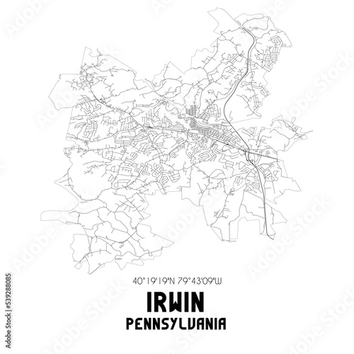 Irwin Pennsylvania. US street map with black and white lines.