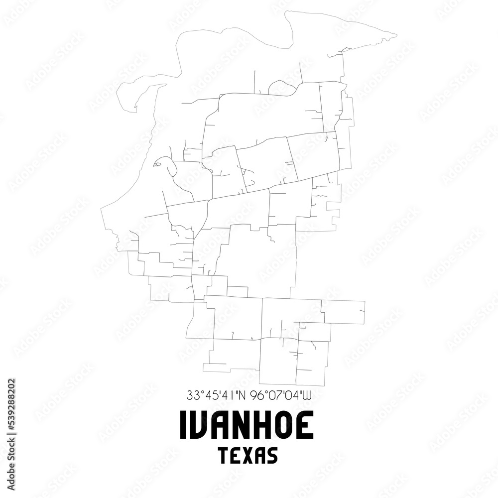Ivanhoe Texas. US street map with black and white lines.