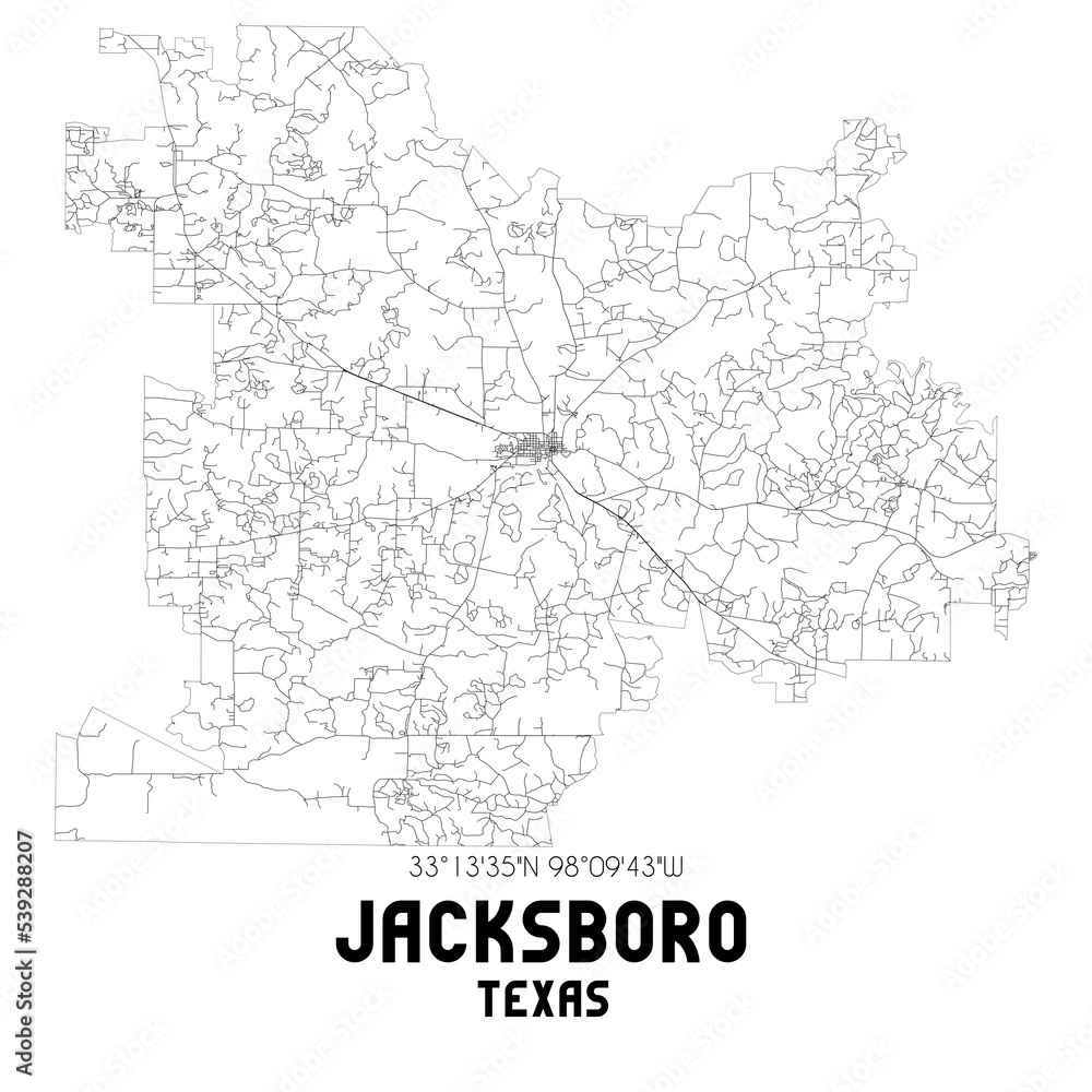 Jacksboro Texas. US street map with black and white lines.