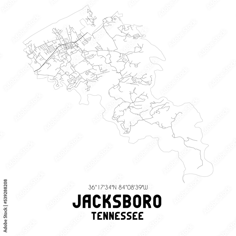 Jacksboro Tennessee. US street map with black and white lines.