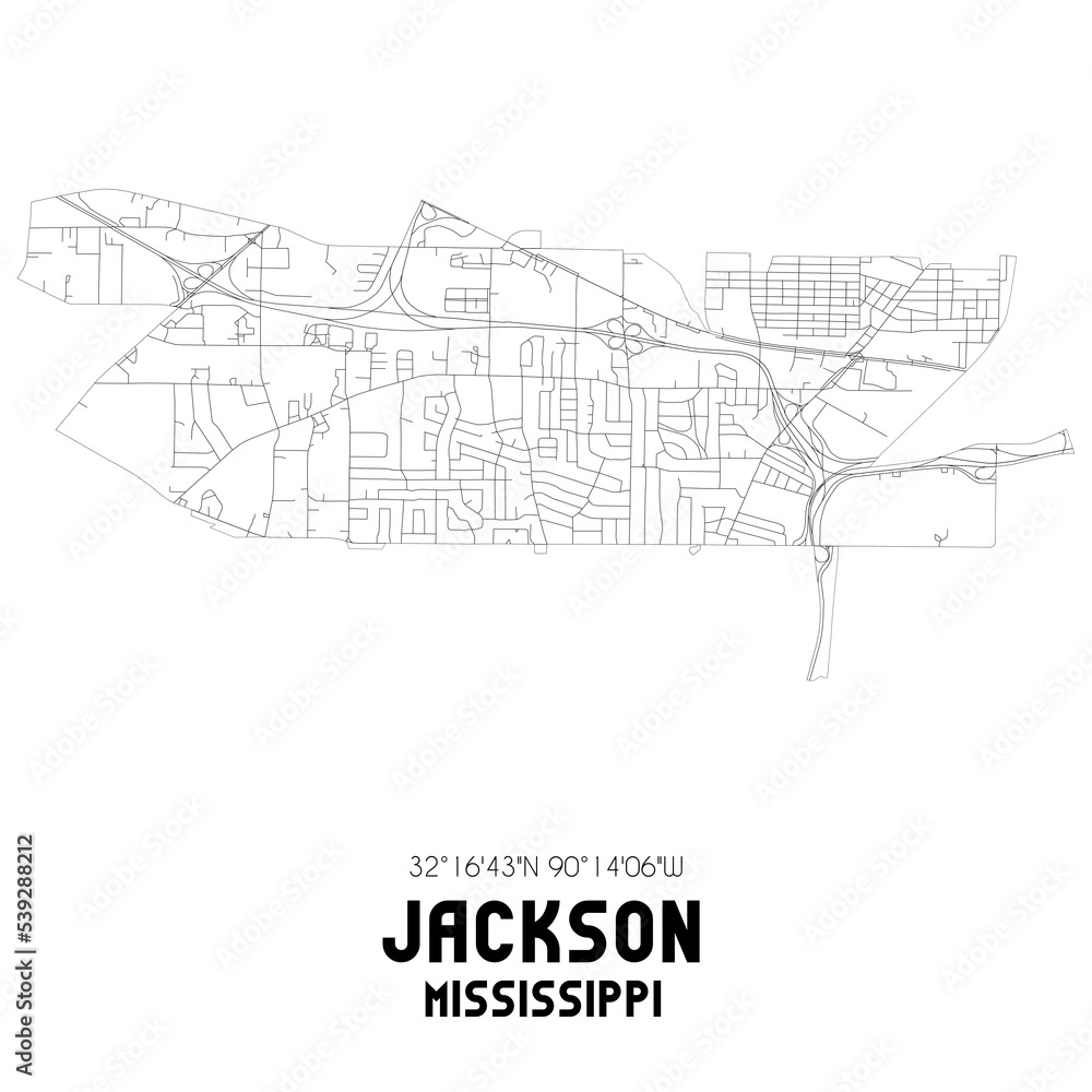 Jackson Mississippi. US street map with black and white lines.