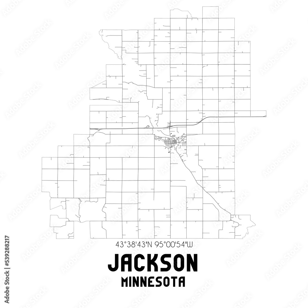 Jackson Minnesota. US street map with black and white lines.