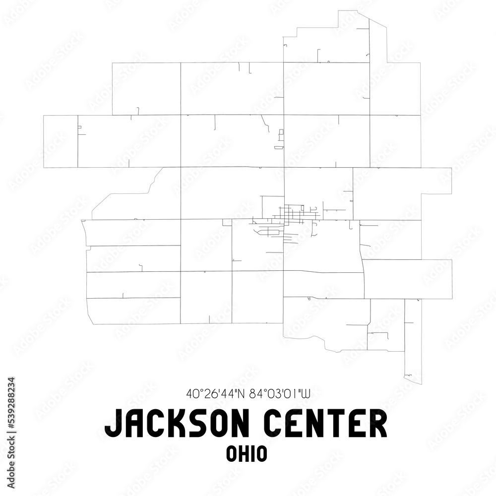 Jackson Center Ohio. US street map with black and white lines.