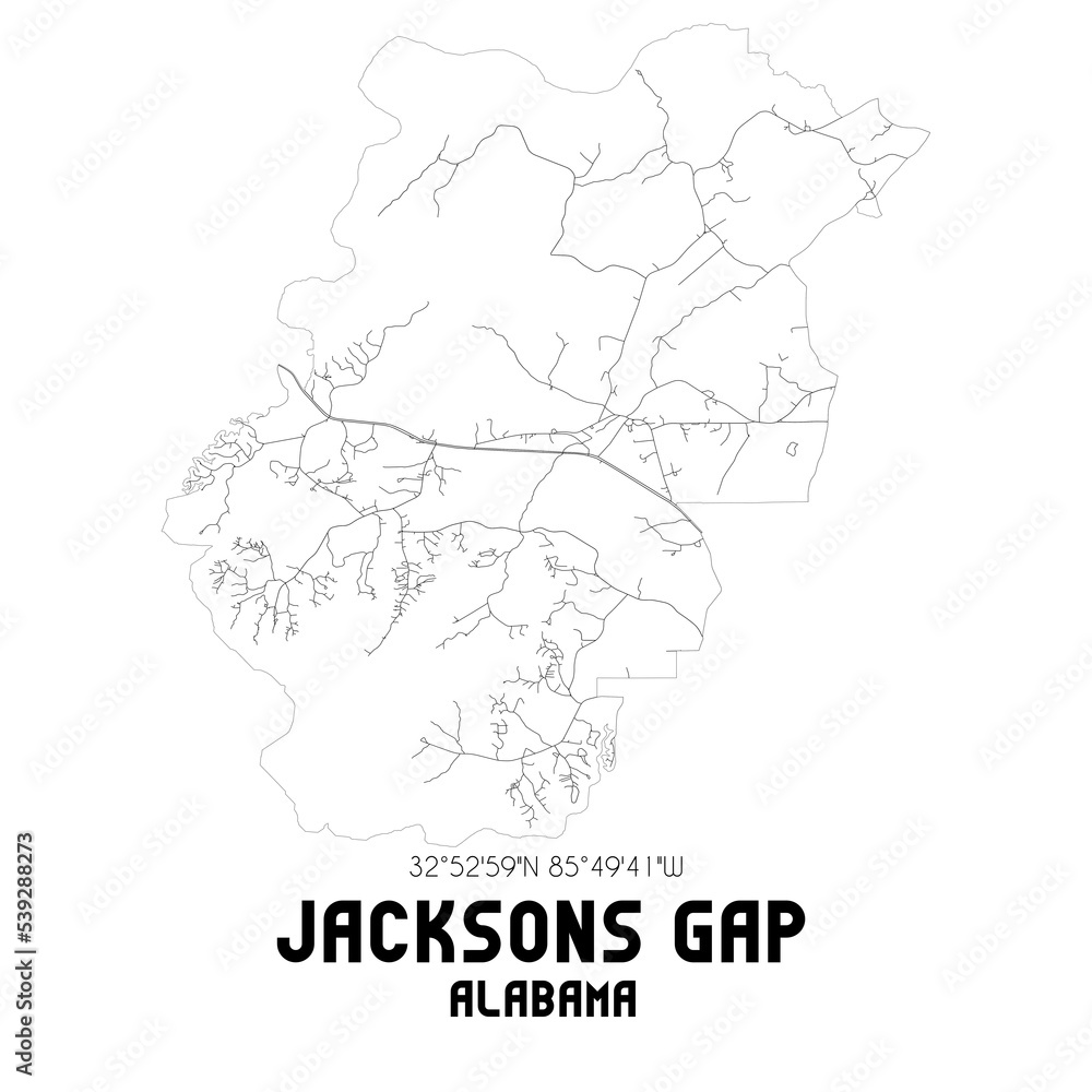 Jacksons Gap Alabama. US street map with black and white lines.