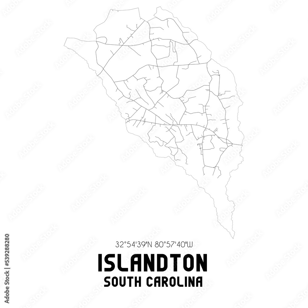 Islandton South Carolina. US street map with black and white lines.