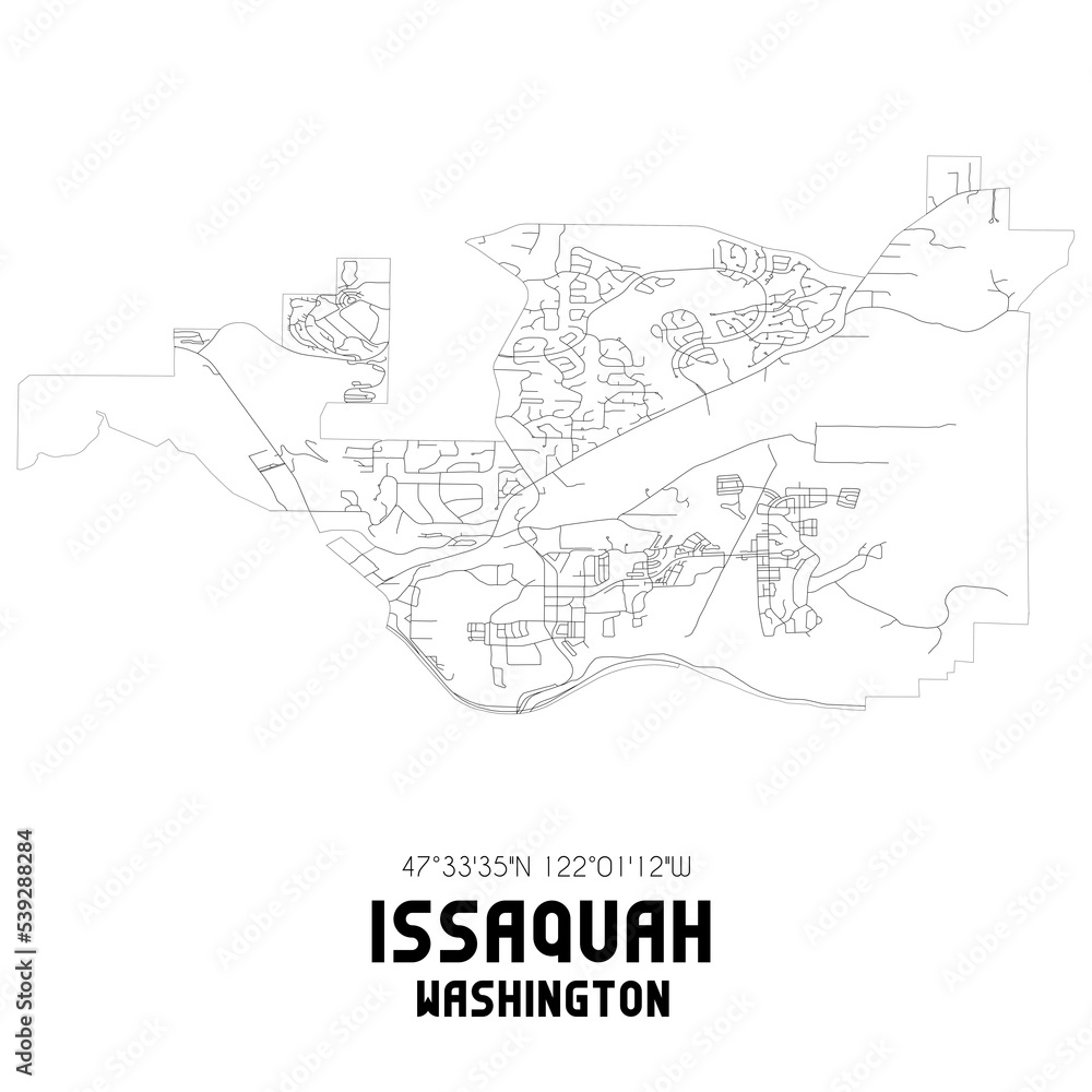Issaquah Washington. US street map with black and white lines.