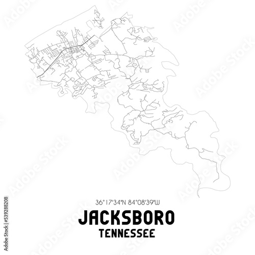 Jacksboro Tennessee. US street map with black and white lines.